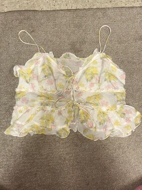 LoveShackFancy White Floral Ruffle Tie-Front Cami with Yellow & Pink Accents